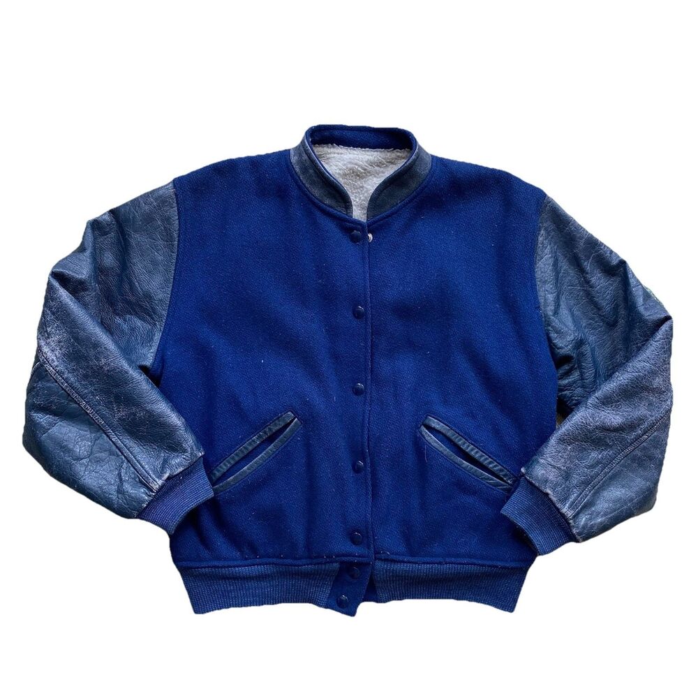 Vintage Blue Varsity Jacket Women's Medium Wool Leather Sherpa Pile Lined